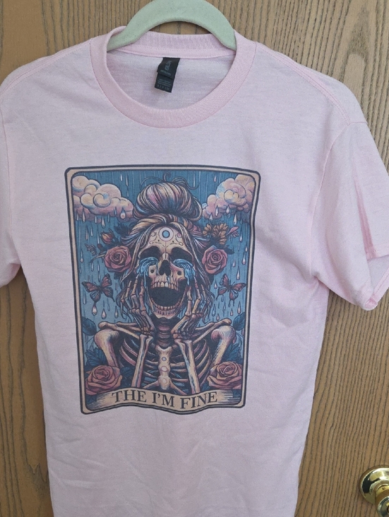 Gildan Tops - Gildan Pink Short Sleeve Tee with Colorful 'The I'm Fine' Skeleton Graphic